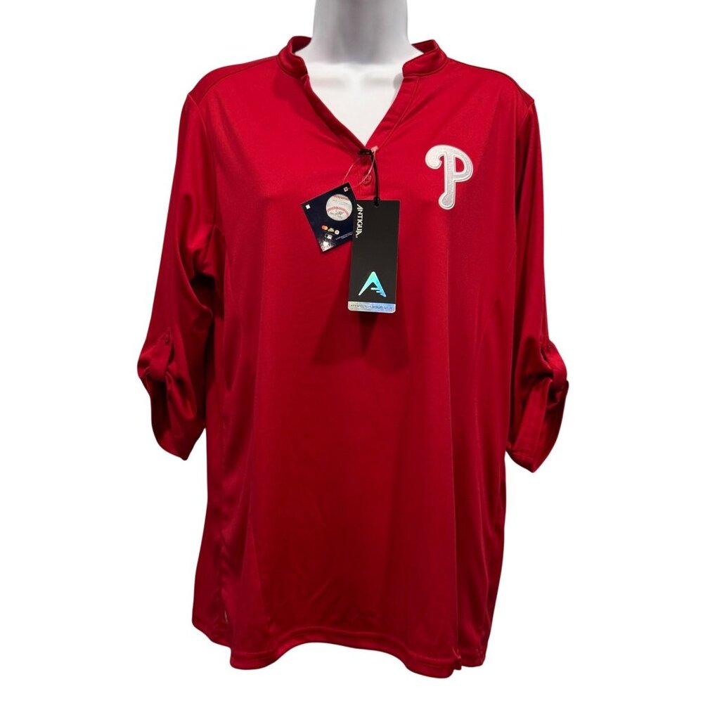 NEW Philadelphia Phillies Performance Henley Top Embroidered Logo MLB Womens L‎